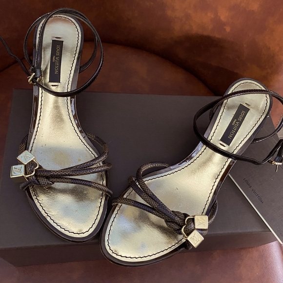 SOLD!!! Louis Vuitton Brown Damier Ebene Feel Free Wedge Sandals Size 35 - Picture 2 of 14